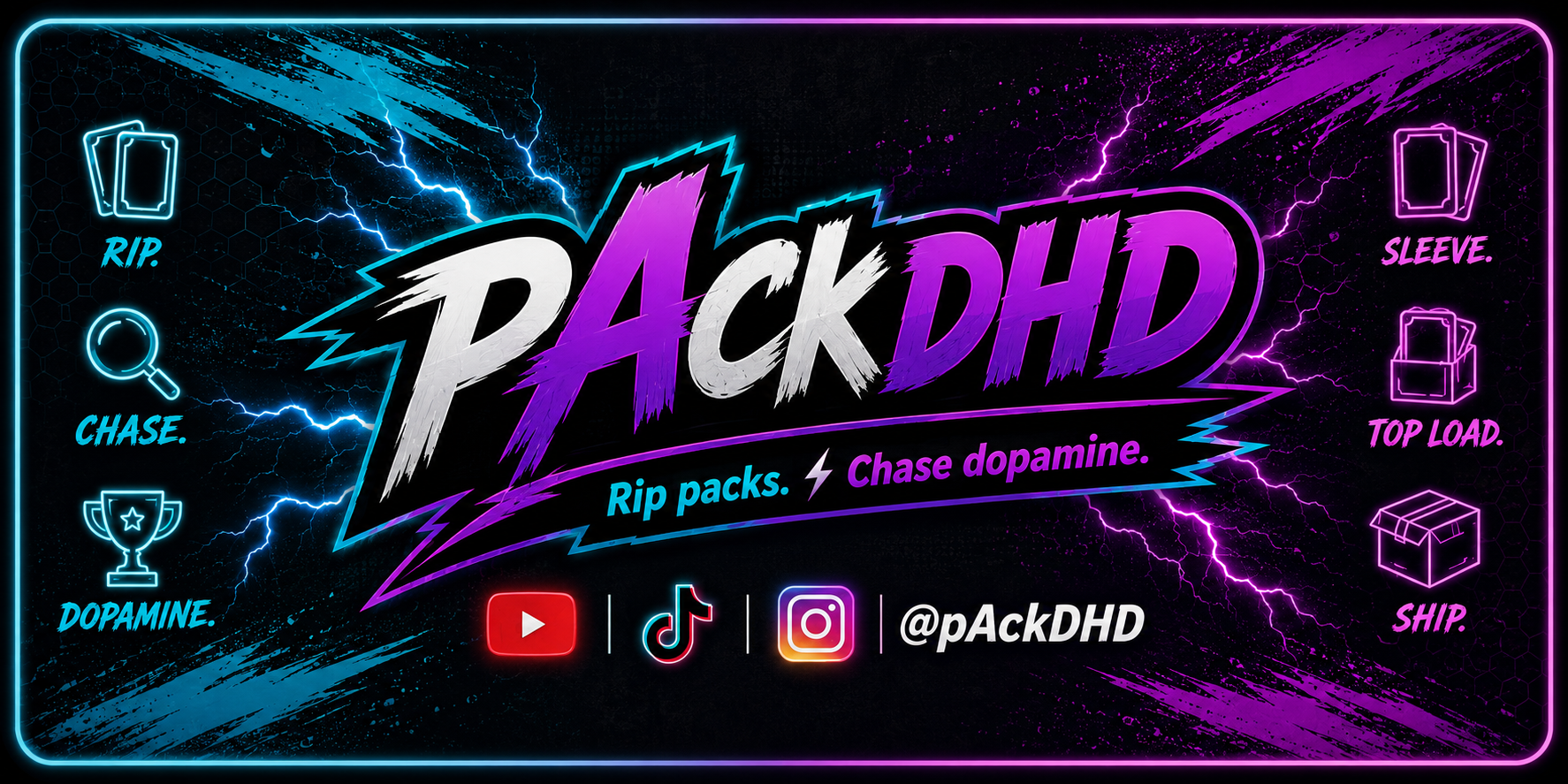 pAckDHD neon trading-card banner